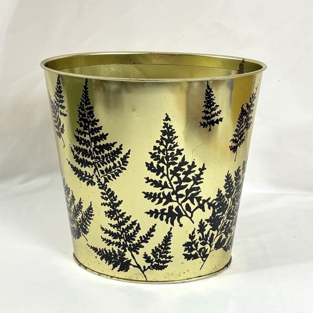 JV Reed & Co USA Gold Black Fern Leaves MCM Vintage Metal Trash Can